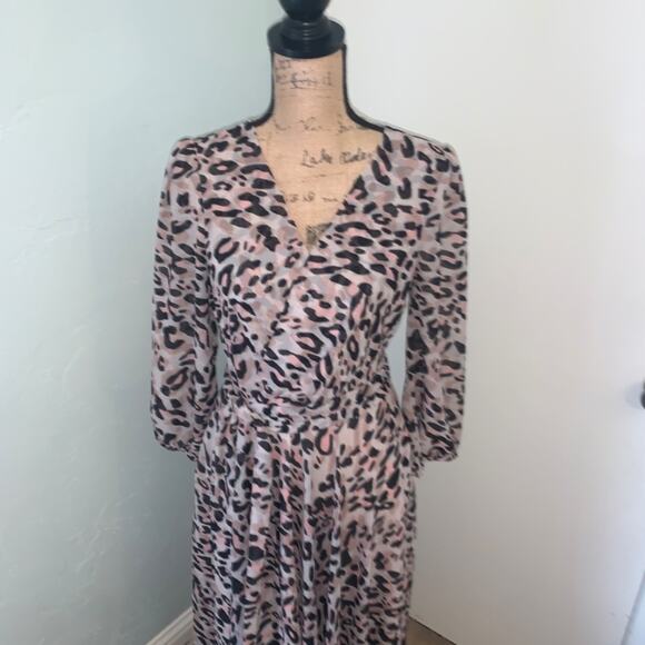 Eliza J. Animal print cheetah pink black midi maxi wrap v neck dress flowy sz 6 - Picture 9 of 16